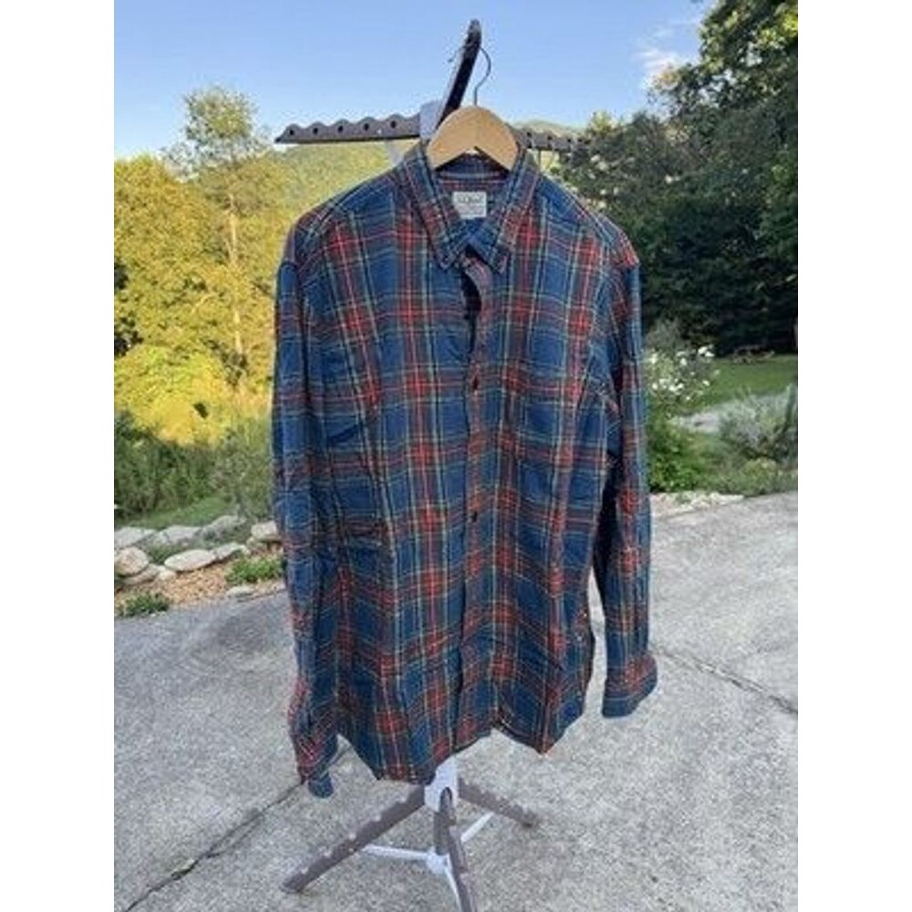 LL Bean Plaid Flannel Shirt Blue Red Mens XXL Slightly Fitted Button Down